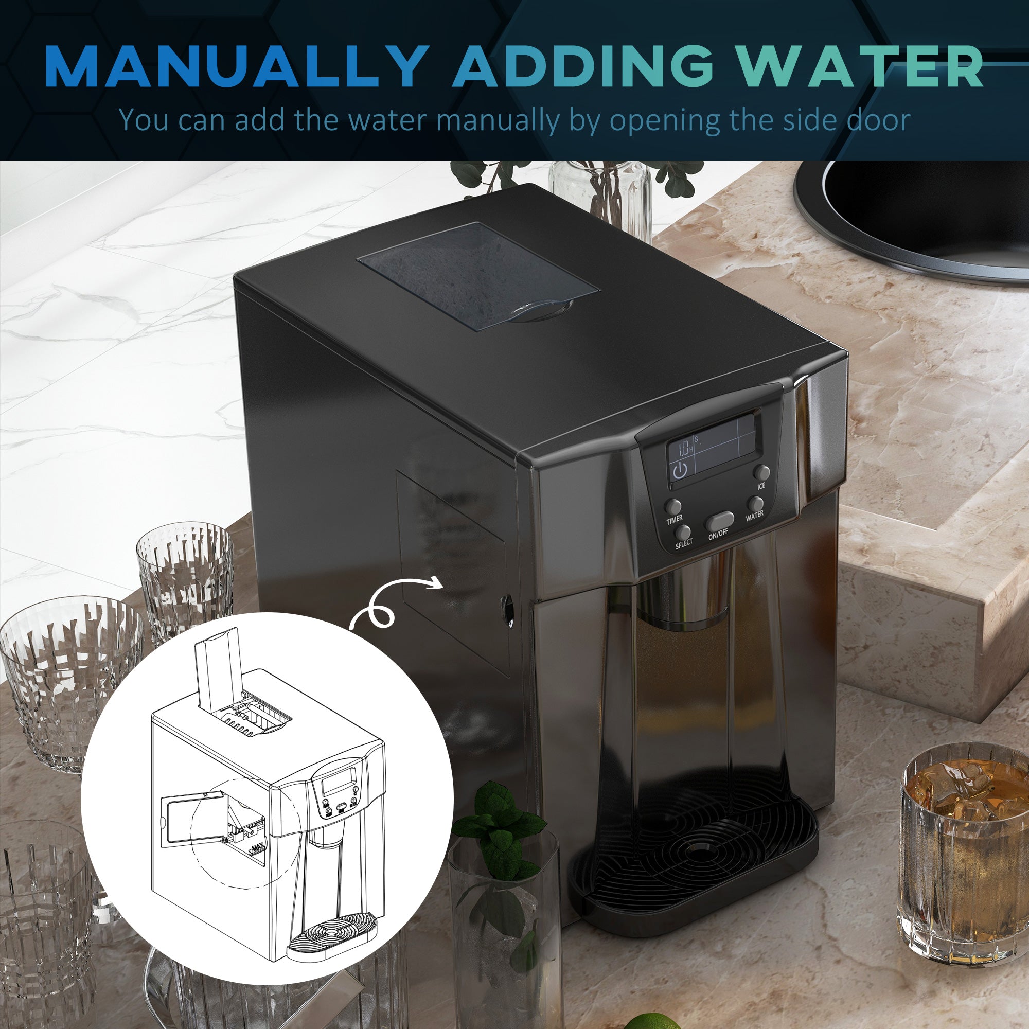 HOMCOM 3L Ice Maker Machine and Water Dispenser, 12kg in 24H, 2 Sizes 9 Ice Cubes Ready in 6-10 Mins Ice Machine, Black